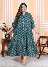 Plus Size Green Floral Print Flared Long Kurta-400039